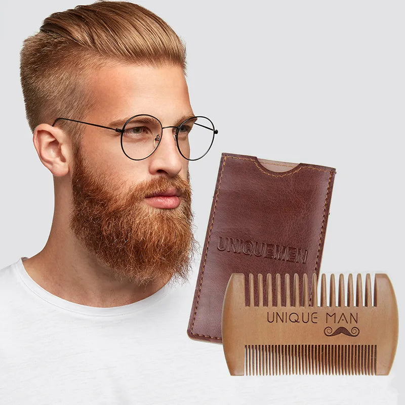 Peigne à barbe en bois naturel avec étui en cuir antistatique